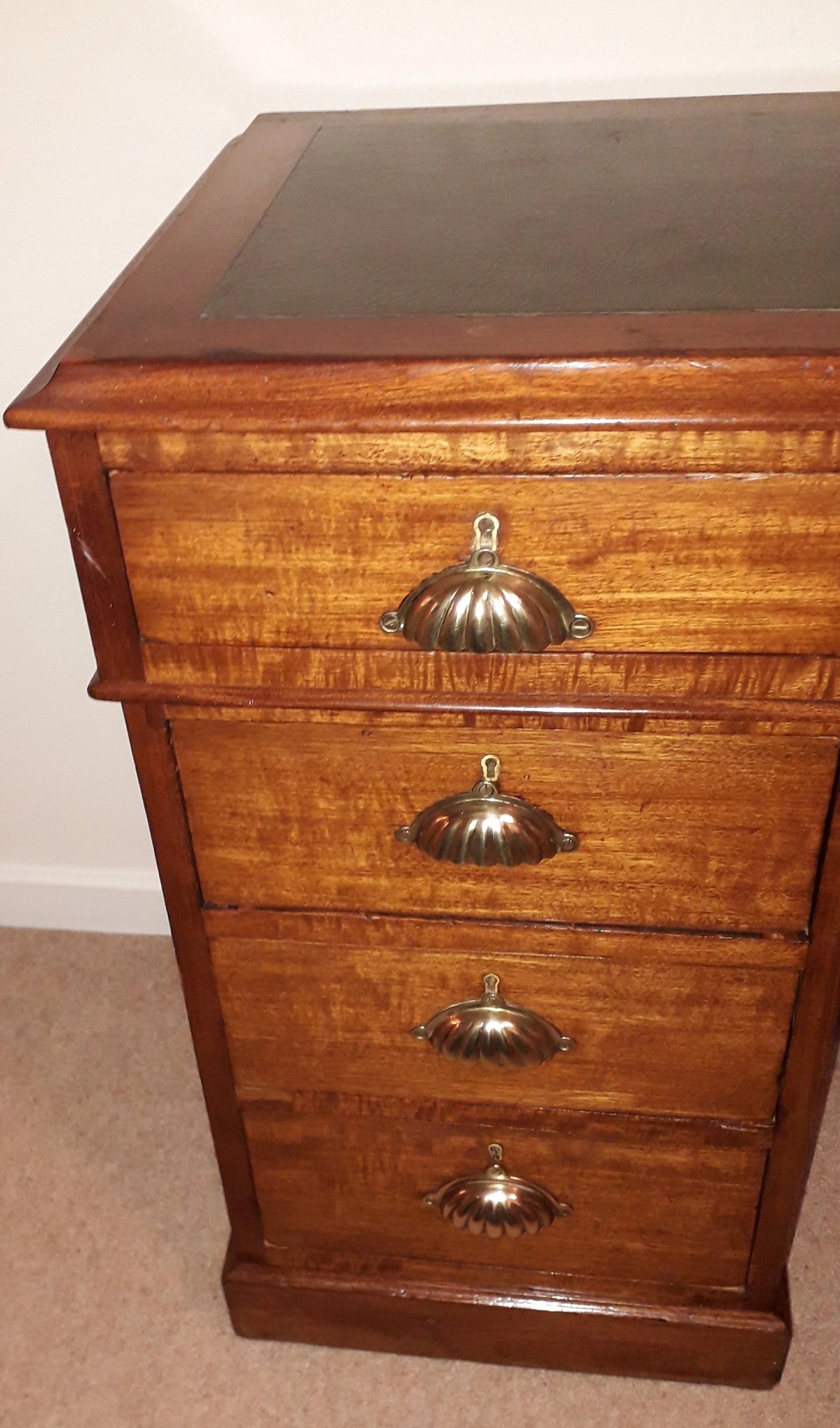 Small Walnut Pedestal Desk With Brass Cup Handles Circa 1920 S