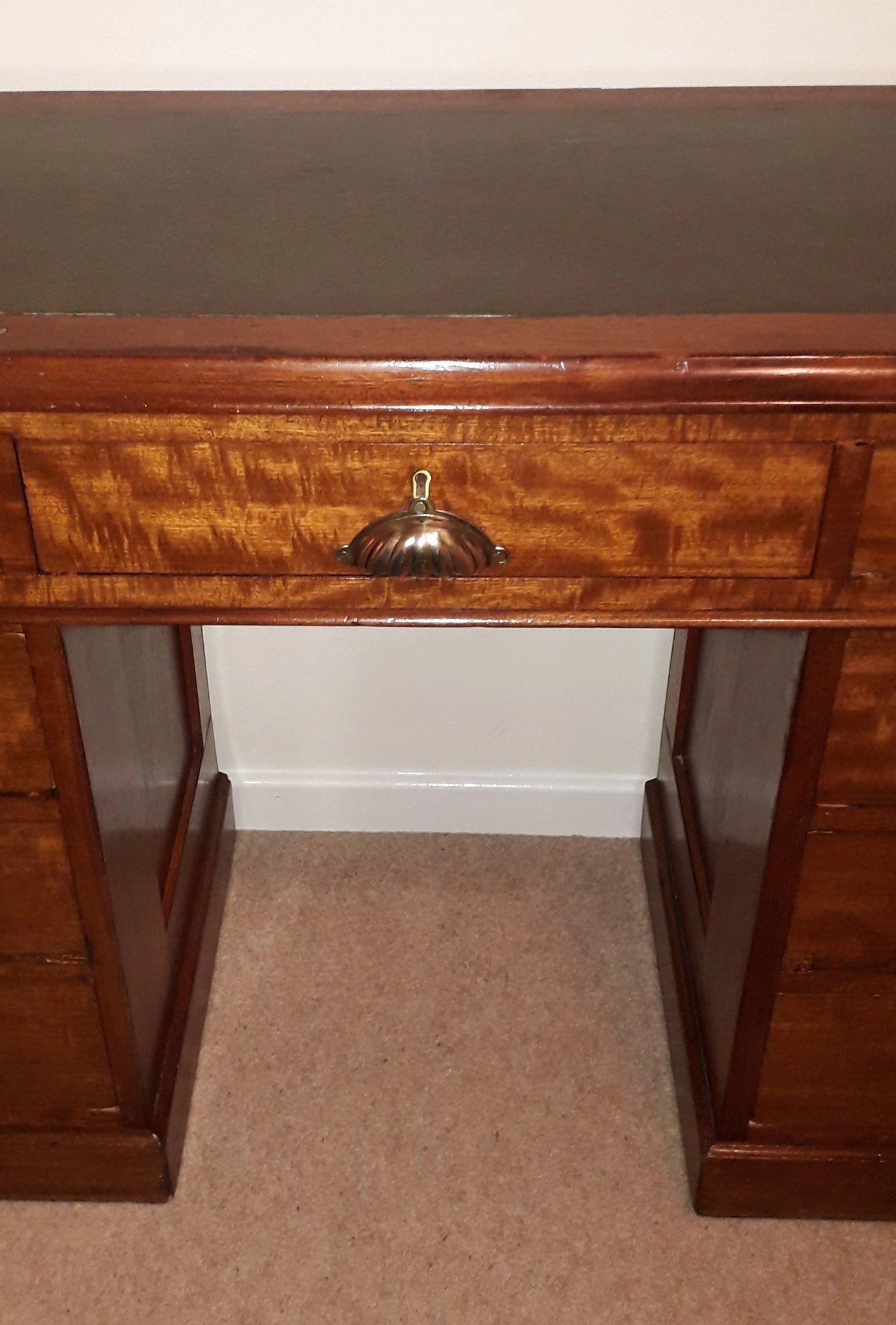 Small Walnut Pedestal Desk With Brass Cup Handles Circa 1920 S