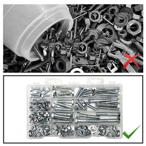 Unorganized nuts and bolts VS 172-piece Nut and Bolt in an organized container