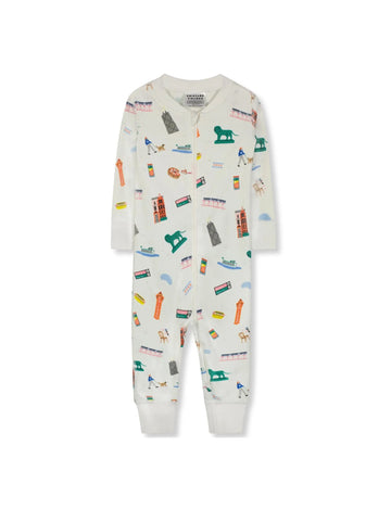 grey zip up coverall featuring Chicago landmarks 