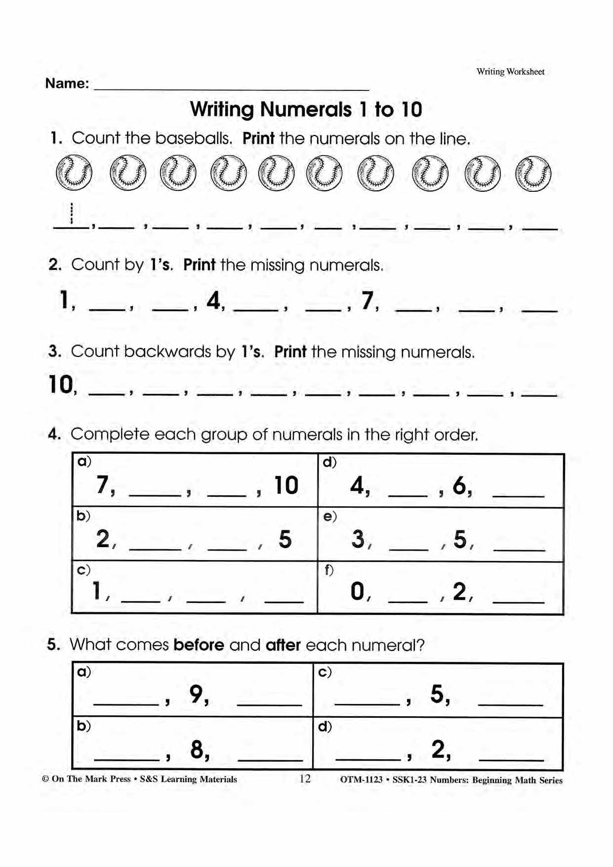 Number Concepts 1-20 Worksheets