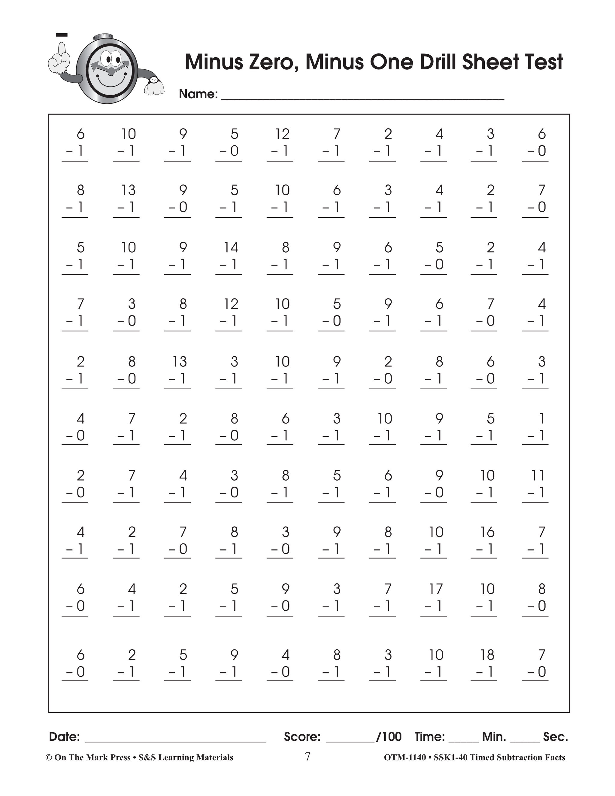 Timed Subtraction Math Facts Worksheets 1st Grade Free Printable It 