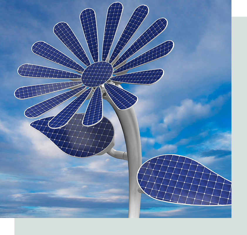 Flower made of solar panels in front of blue sky background