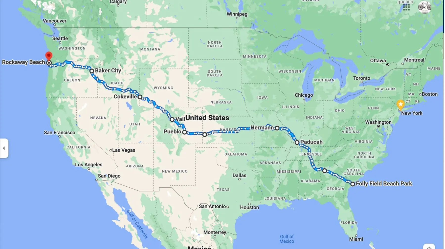 google maps image of the 3800 mile trip across north america