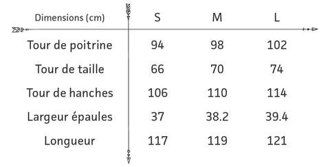 Guide des tailles Robe Habillée Bohème Chic