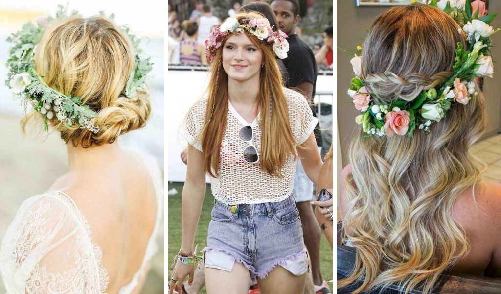 coiffure bohème avec couronne de fleurs