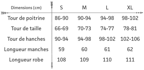 guide des tailles robe boheme manches longues