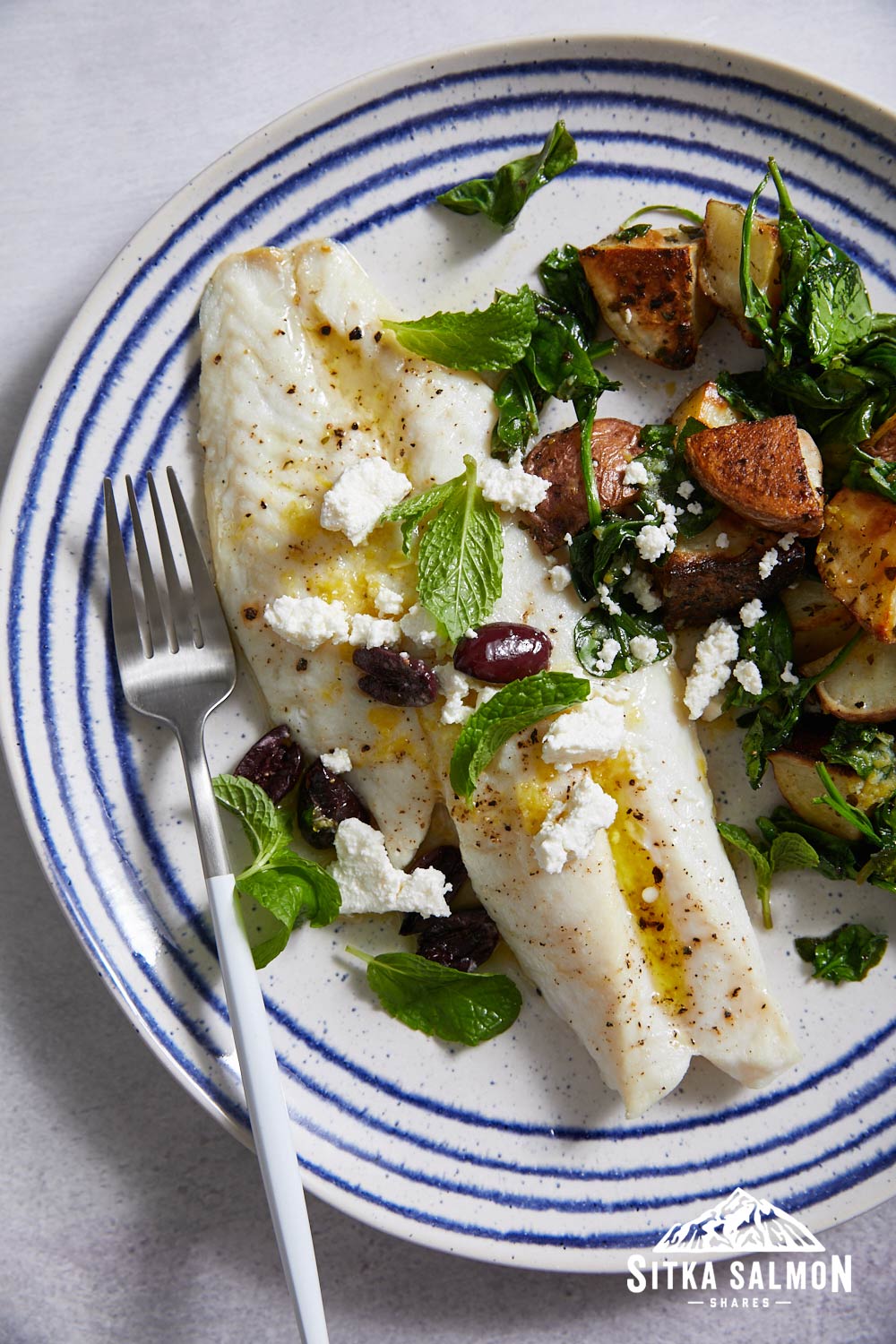 Broiled Rockfish with Lemony Potatoes, Olives, and Mint