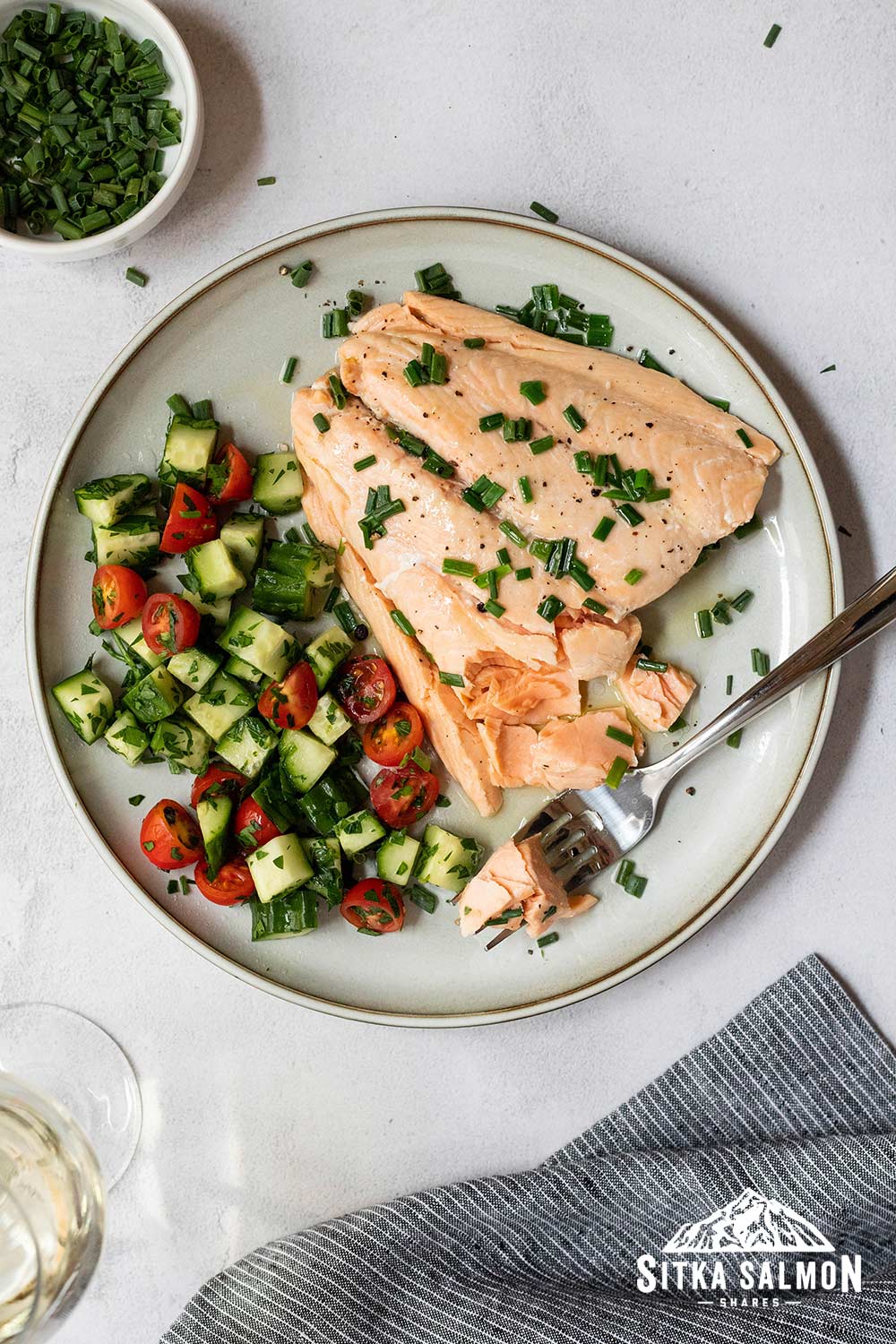 Poached King Salmon with Sizzling Chives