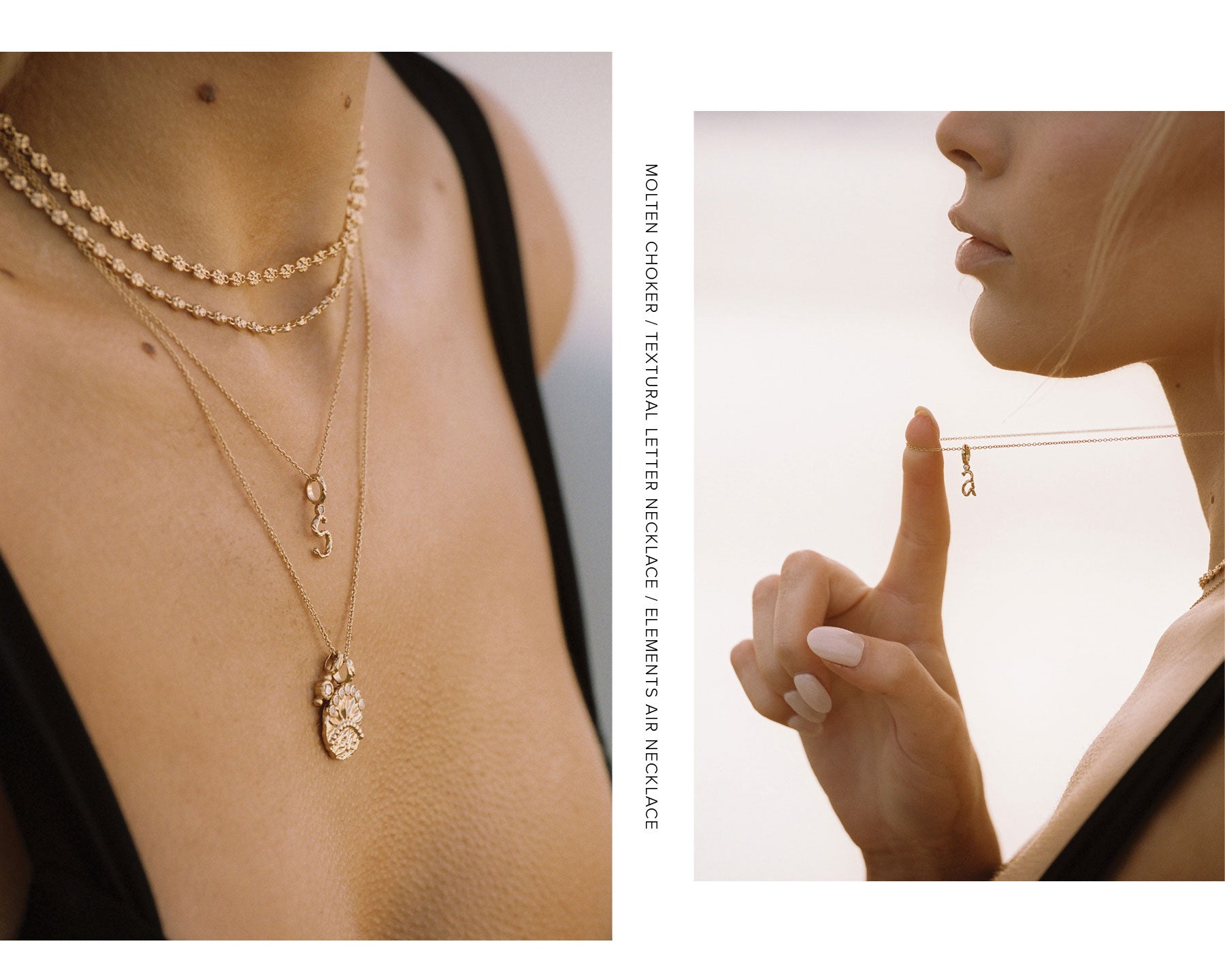 Two Images Side By Side Of Model Holding Jewellery In Finger And On Neck