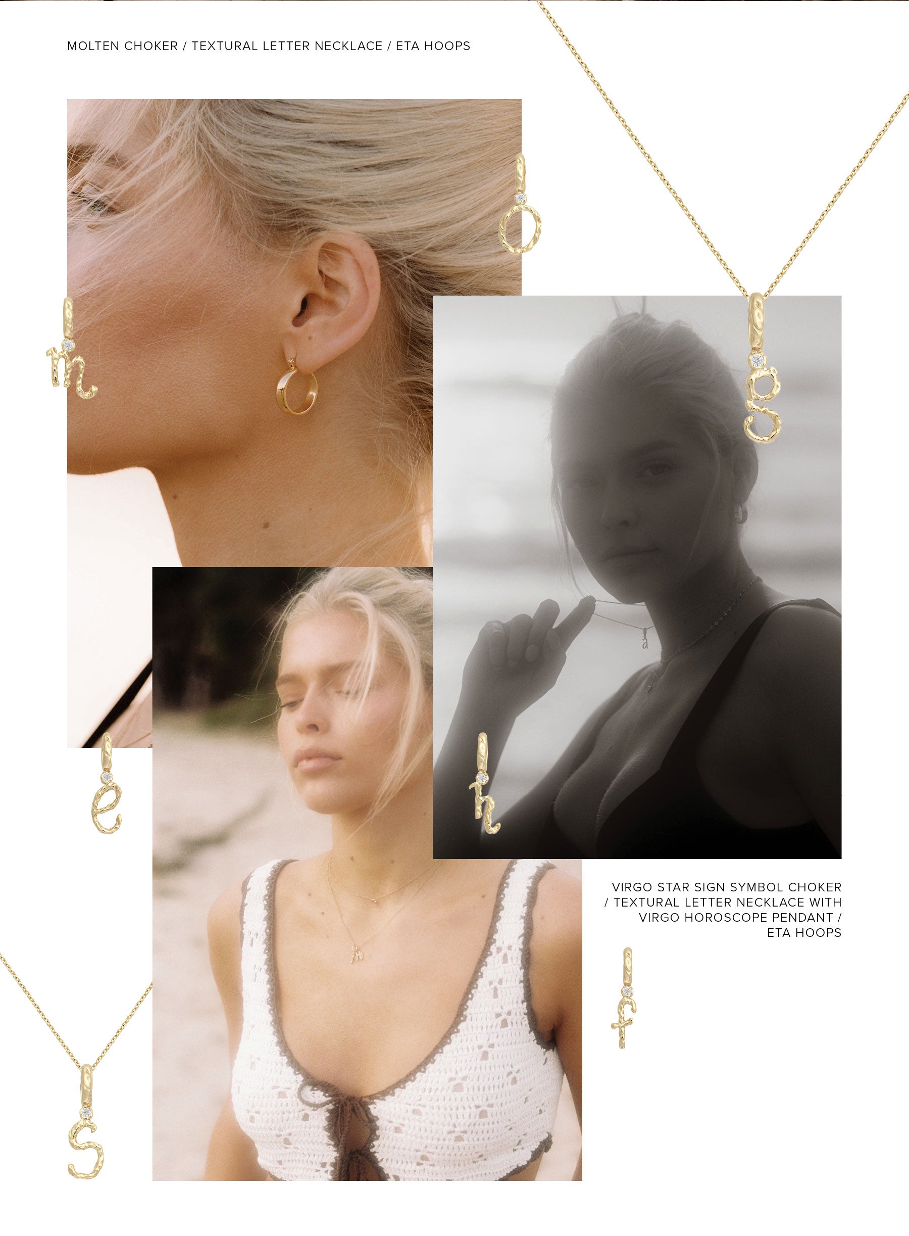 Mood board Of Campaign Imagery And Deep Etch Textural Letter Necklace And Pendants