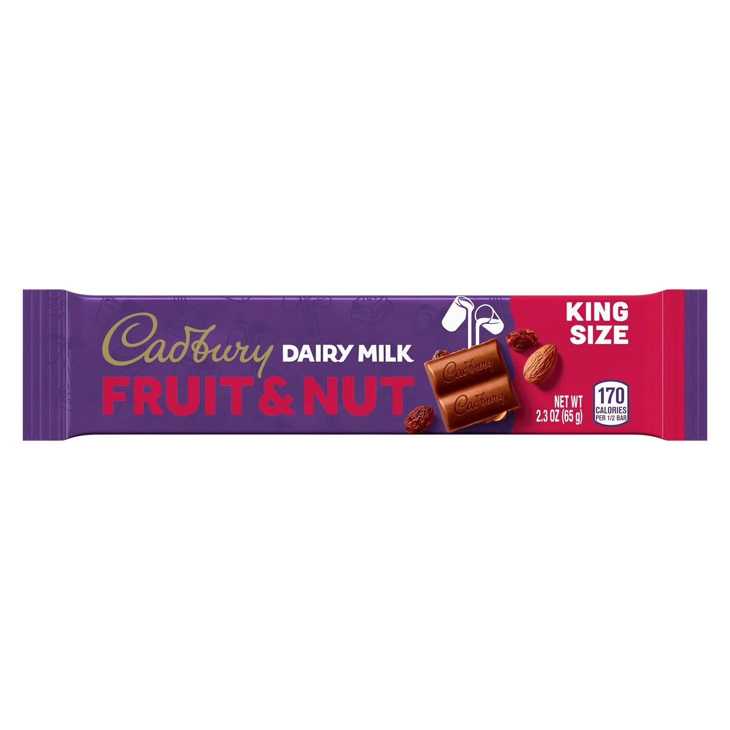 Cadbury Dairy Milk Fruit & Nut Milk Chocolate Candy, King Bar 2.3 oz