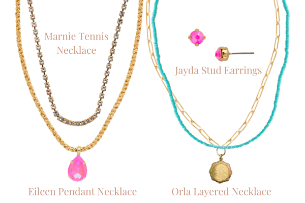 Marnie Tennis Necklace, Eileen Pendant Necklace, Jayda Stud Earrings, Orla Layered Necklace