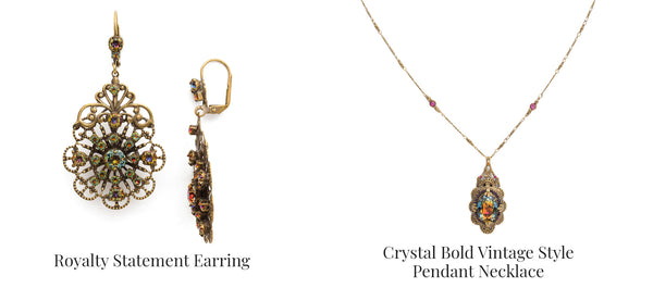 Royalty Statement Earring & Crystal Bold Vintage Style Pendant Necklace
