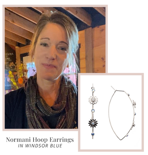 Jennifer Moyer wearing the Normani Hoop Earrings in Windsor Blue