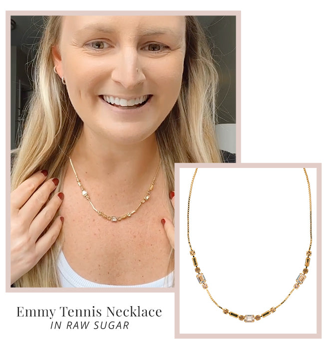 Katie in our Emmy Tennis Necklace from our Raw Sugar Colleciton