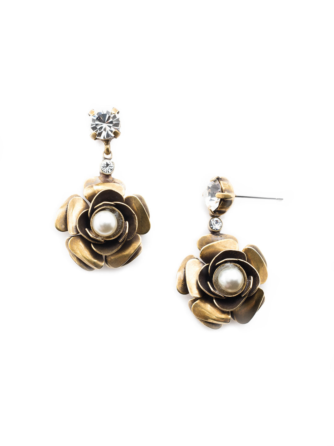 Rose Dangle Earrings - EET80AGMDP - The Rose Dangle Earrings are pure elegance. Perfect for any event with floral like metalwork. From Sorrelli's Modern Pearl collection in our Antique Gold-tone finish.
