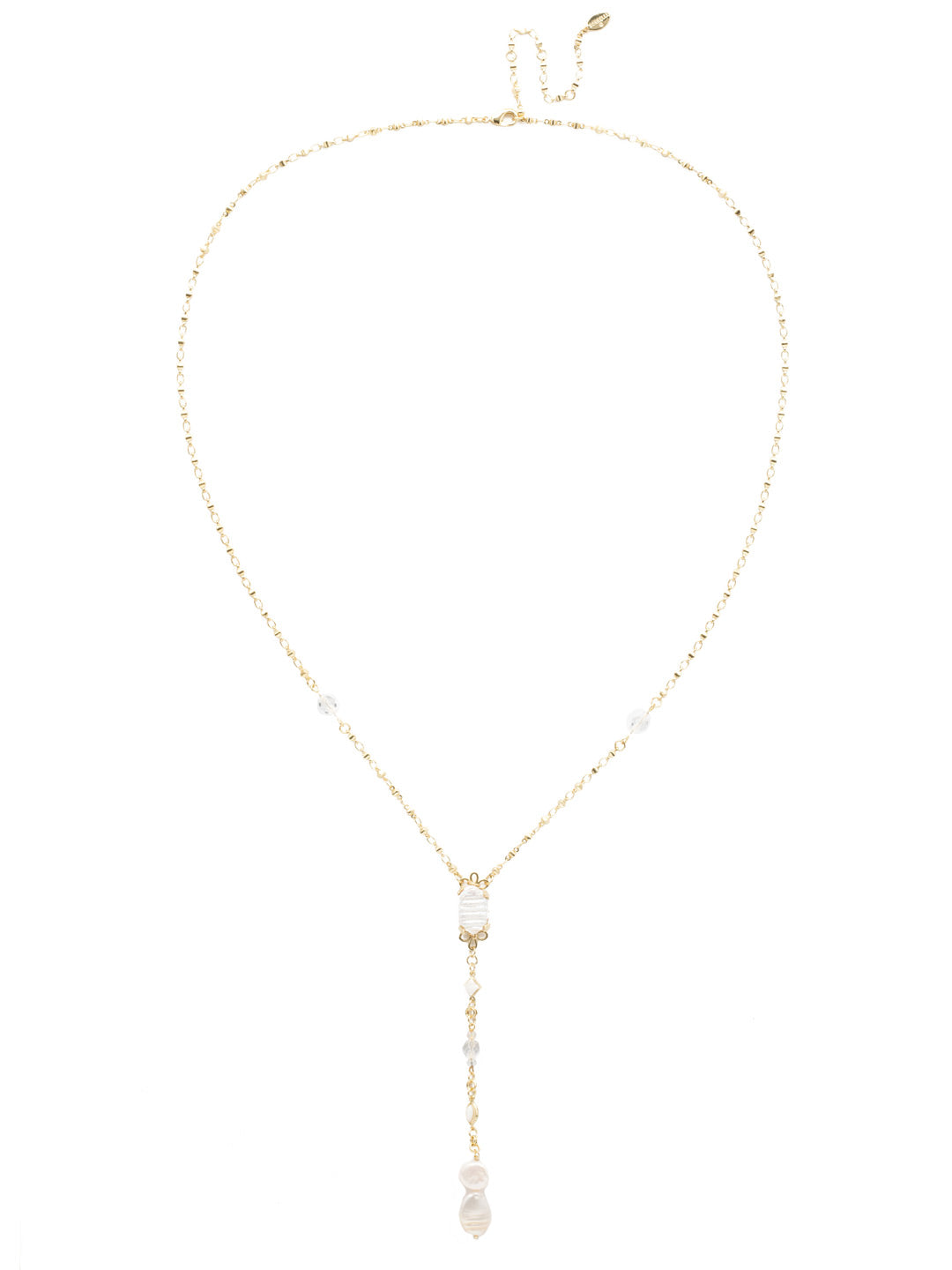 Ninetta Long Strand Necklace - NEC20BGCRY - This long strand Y necklace sits lower and features multiple shapes of natural pearl, crystal beads and decorative chain.