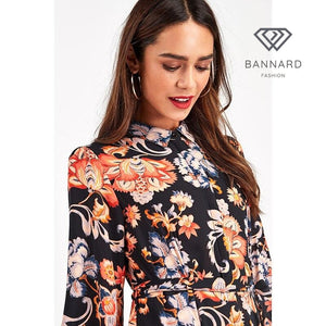 Floral Print Long Maxi Turn Down Collar  Three Quarter Sleeve Dress - Bannard Fashion