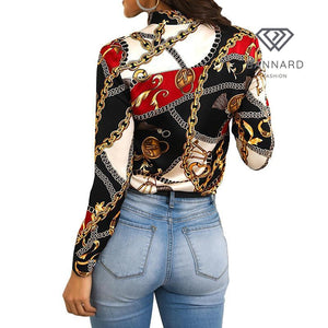 Printed Ladies Neckline Shirt With Long-Sleeved Blouse Womens Blouses
