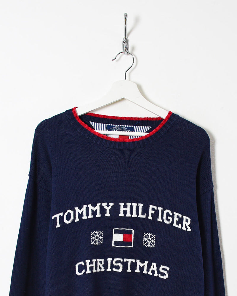 Vintage 90s Cotton Navy Hilfiger Christmas Knitted Sweatshirt - X-Large– Domno Vintage