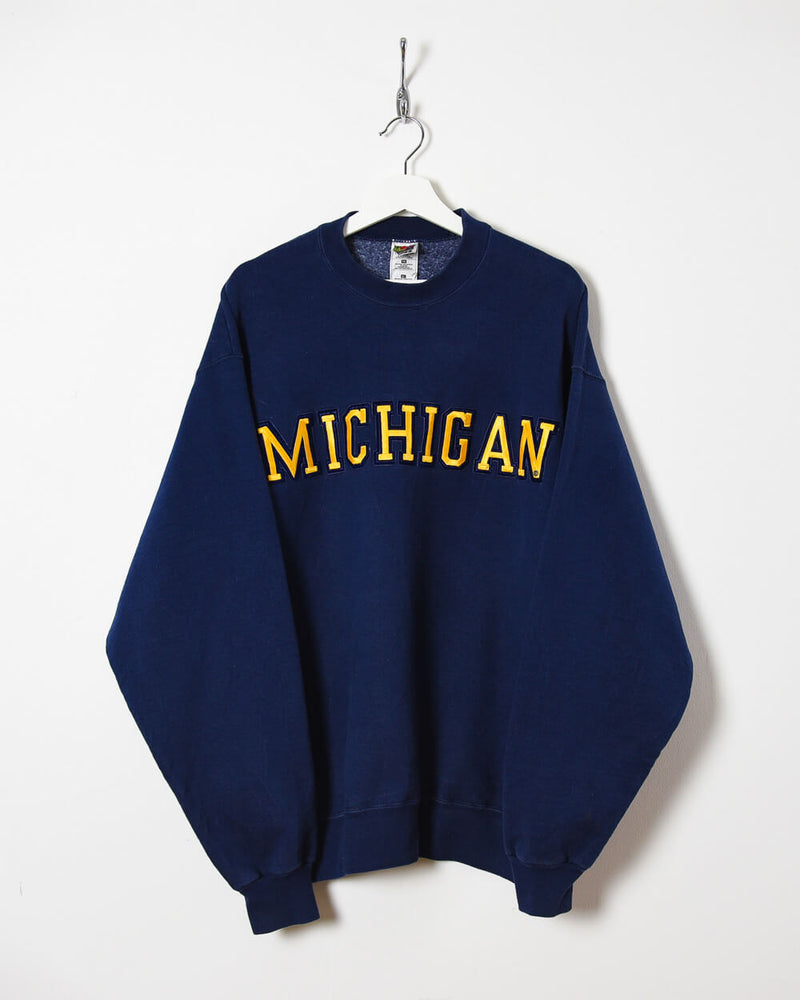 Vintage 90s Cotton Navy Fruit of The Loom Michigan Sweatshirt - X