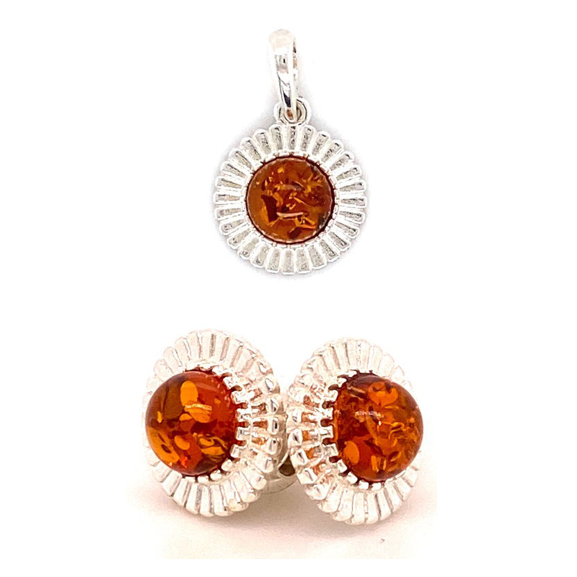 Amber and Silver Set - Earrings and Pendant - Sun Shape