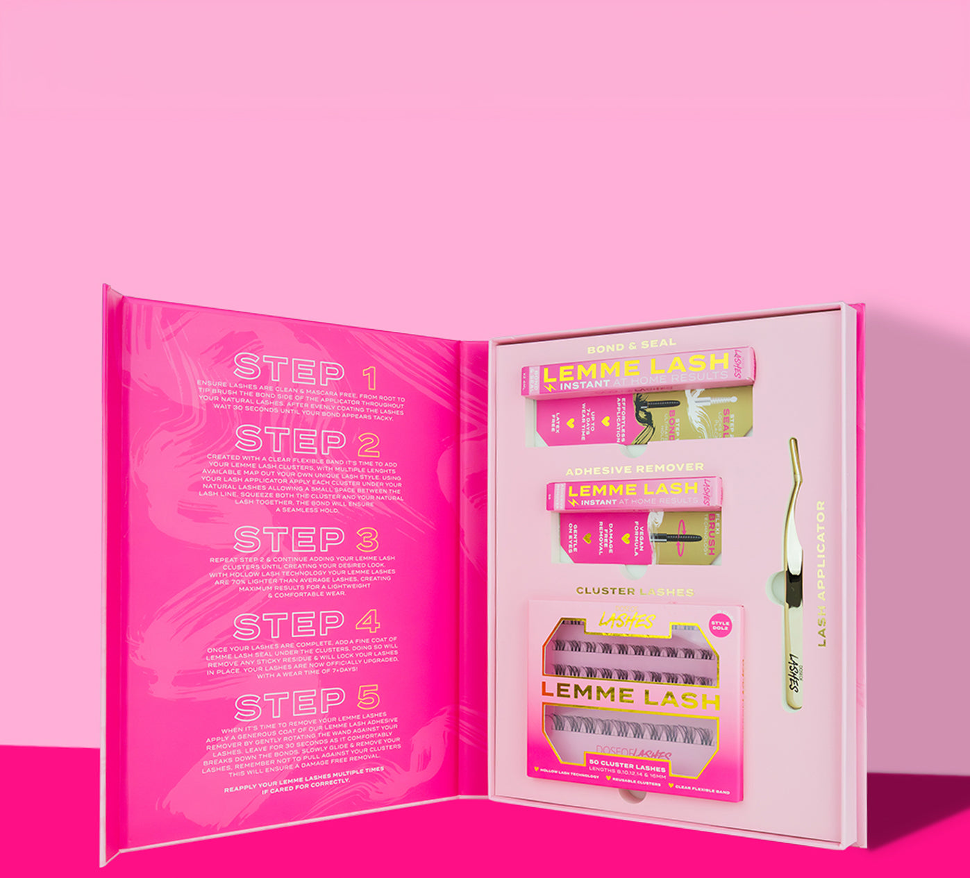 Open eyelash extension kit with labeled steps and components against a pink background.