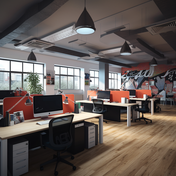 A modern open-plan office space. The room is well-lit with natural light streaming in from large windows on one side and is augmented by stylish overhead lighting fixtures. The space has a vibrant color scheme with vivid red accents seen on desk partitions and storage units. Multiple workstations with desktop computers are neatly arranged, each with an ergonomic office chair. The desks are accompanied by under-desk drawers, some of which are white and others black, providing a contrast. The flooring is a warm wood tone that complements the room's aesthetic. There's prominent company branding on the wall, indicating a strong corporate identity. The office looks tidy and organized, suggesting a professional work environment.