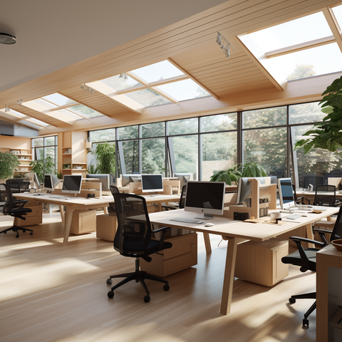 Modern office space with beech desks, computers, ergonomic chairs, and large windows offering a view of greenery outside.