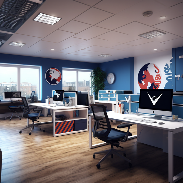 Modern open-plan office space. The ceiling is equipped with standard office ceiling tiles and fitted with recessed lighting panels. A large window lets in natural light, highlighting the wood laminate flooring which extends throughout the space.  The walls are painted blue, and one wall features bold graphics with a world map and what seems to be company branding in red, white, and blue. This branding is echoed on the sides of the white desks. Each workstation is outfitted with a computer, and there are multiple monitors on the desks, indicating a technology-oriented work environment.  Black ergonomic office chairs are paired with each desk, and there are also personal items and stationery, suggesting that the space is actively used. A clock is mounted on the wall, aiding in time management. The overall atmosphere is professional, with a corporate identity that is emphasized through the use of color and branding.