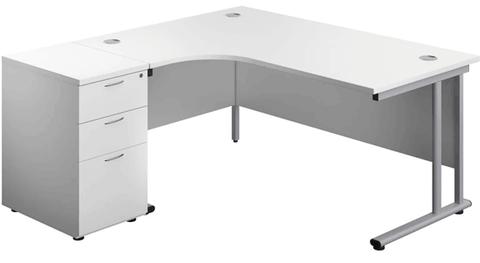 White office furniture consisting of desk and desk-height pedestal.