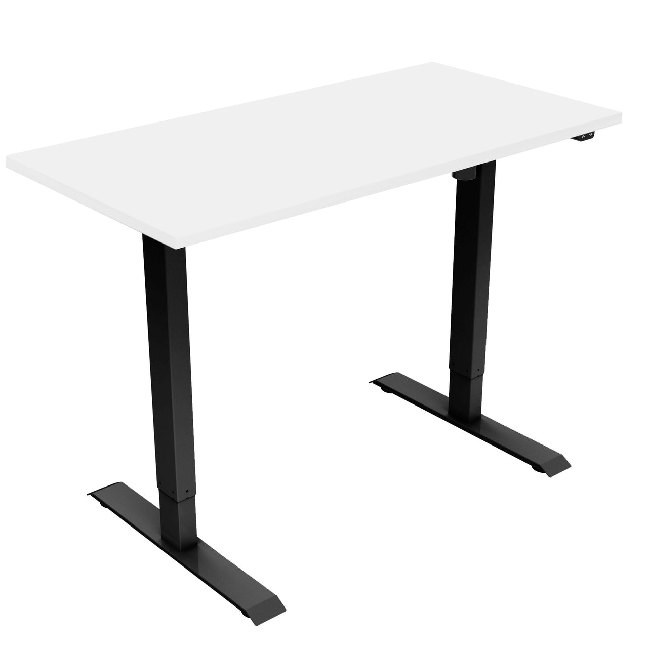 White height-adjustable desk with black metal frame
