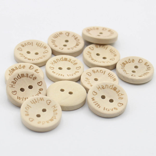 10, 25mm Light Wood Buttons With Handmade With Love Wording