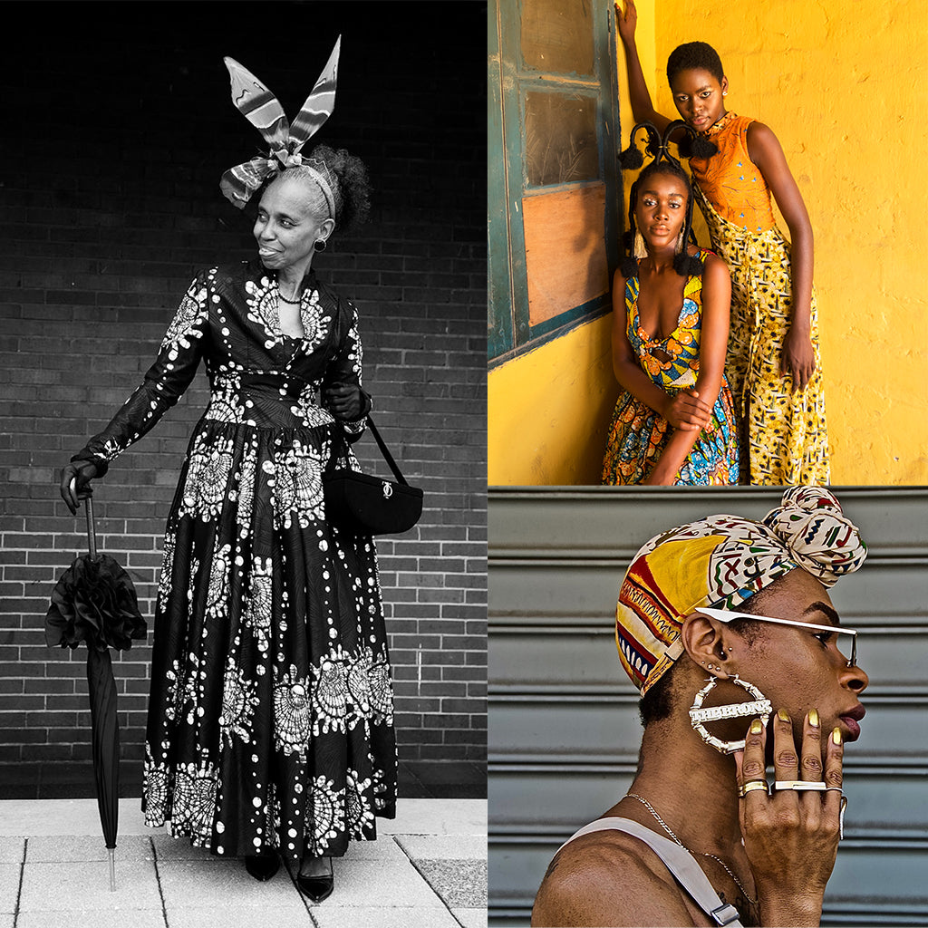 Portraits featured at the Styling: Black Expression, Rebellion, and Joy Through Fashion Exhibit. Hollis King's portrait of Lana Turner (left), Stephen Tayo's portrait of Ifeoma and Rebecca, and Ruben Natal-San Miguel, The Bronx (bottom right).