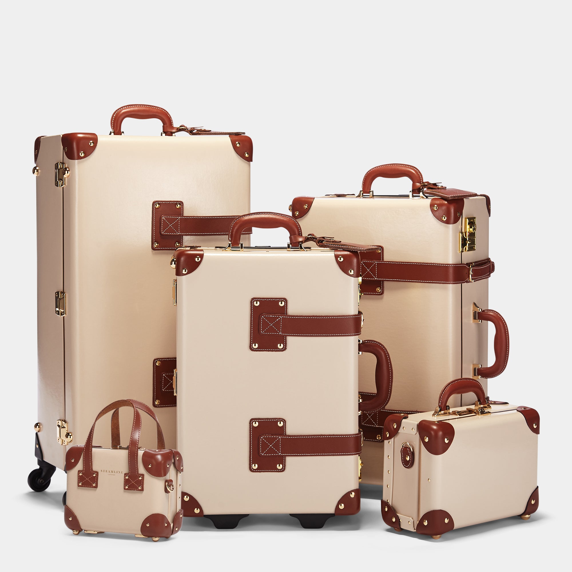 The complete Cream Diplomat Collection: Spinner, Carryon, Stowaway, Vanity and Mini.