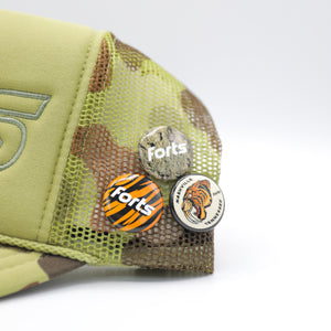 
                  
                    Load image into Gallery viewer, FORTS Jumbo Logo Trucker Hat - &amp;#39;Duck Camo / Green Logo&amp;#39;
                  
                