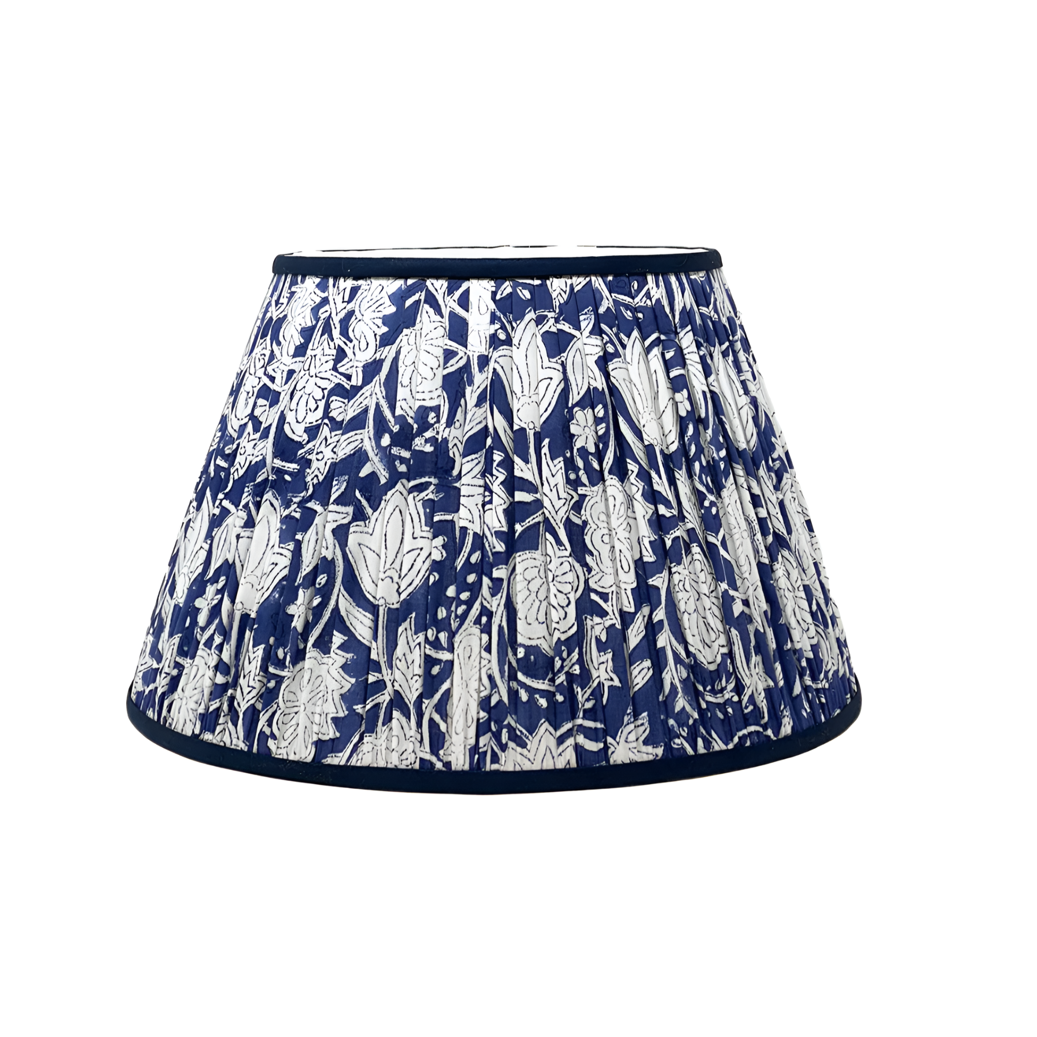 White Flower on Indigo Block Print Lampshade with Silk Trim