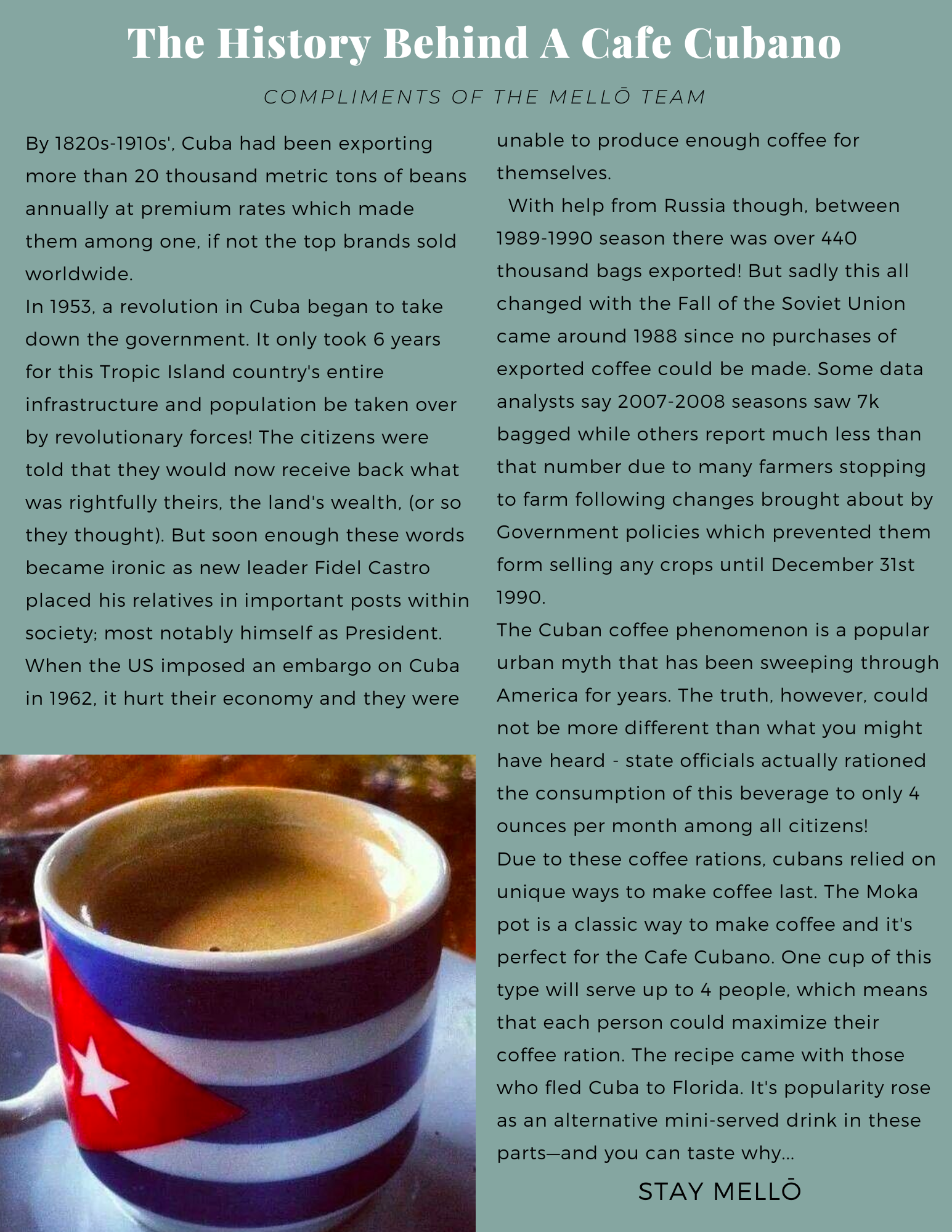 Mellobeans; coffee on the go; sustainability in coffee; coffee sustainable; fair trade farming; farmer rights; coffee community;; coffee delivered, mellobeanscoffee; mellobeans coffee; coffee subscription, coffee products; coffee maker; virginia beach coffee; chesapeake coffee; norfolk coffee; coffee navy base; coffee near me; lets go coffee; starbucks; coffee subscription; mello letters; cuban coffee; cafe cubano; fidel castro; cuban history; cubano