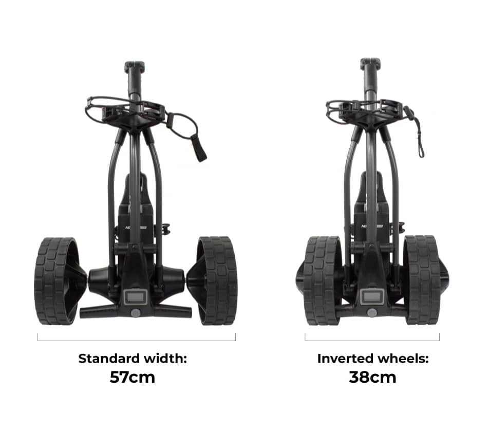 Ruedas traseras invertibles PowerBug para ahorrar espacio cuando se pliega