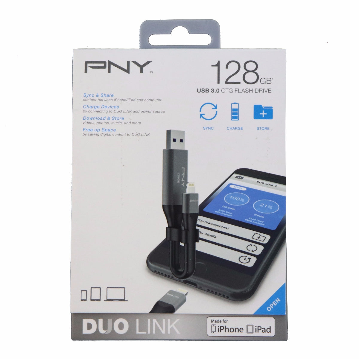 PNY 128GB Duo Link USB 3.0 On the Go Flash Drive for iPhone and iPads