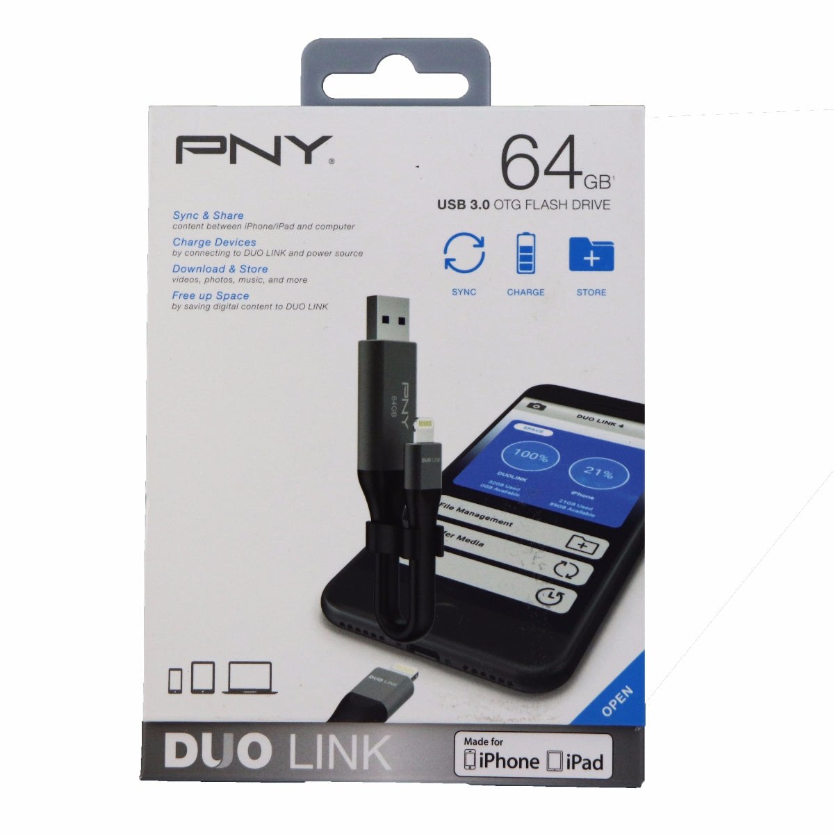 PNY 64GB Duo Link USB 3.0 On the Go Flash Drive for iPhone and iPads