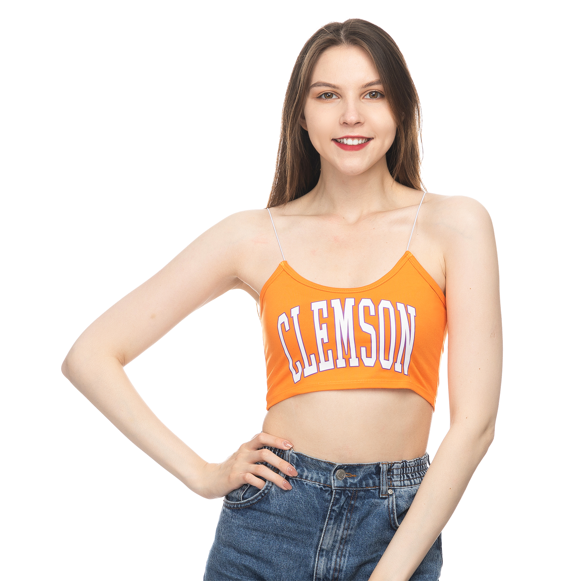 Clemson Purple Long Halter Bra with Orange Paw on Woven Tag - Mr