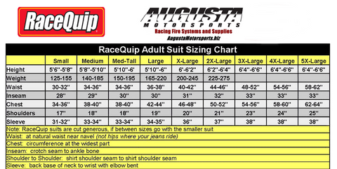 RaceQuip suit Sizing | Augusta Motorsports