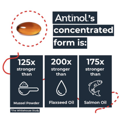 Antinol®'s concentrated form is 125x stronger than mussel powder, 200x stronger than flaxseed oil and 175x stronger than salmon oil.