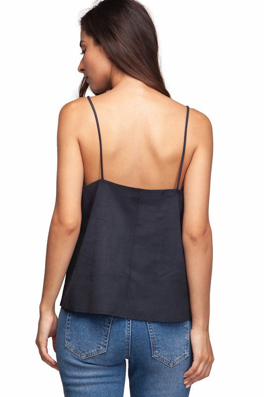 Faux Suede Stitched Cami Top in Black