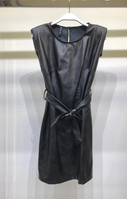 Vegan Leather Dress w/Tie Belt