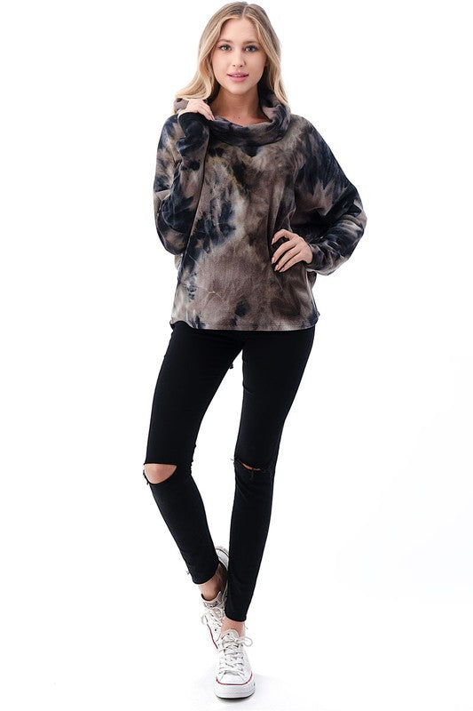 Tie Dye Cowl Neck Fleece Sweater with Grommet Back