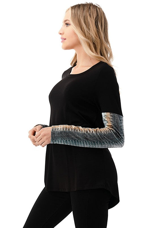 Long Sleeve Top with Vegan Leather Sleeves