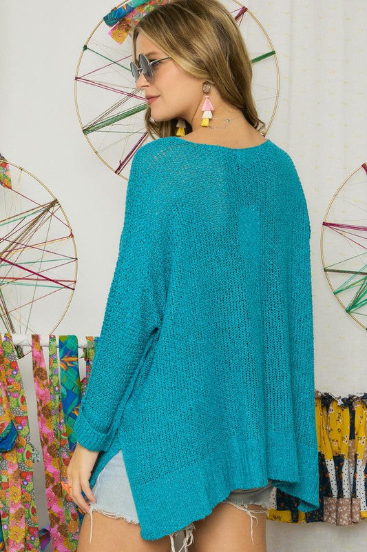 Solid Round Neck Sweater in Turquoise